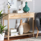 Baxton Studio Sebille Mid-Century Modern Light Brown Finished Wood 2-Drawer Console Table with Natural Rattan