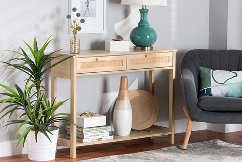 Baxton Studio Sebille Mid-Century Modern Light Brown Finished Wood 2-Drawer Console Table with Natural Rattan