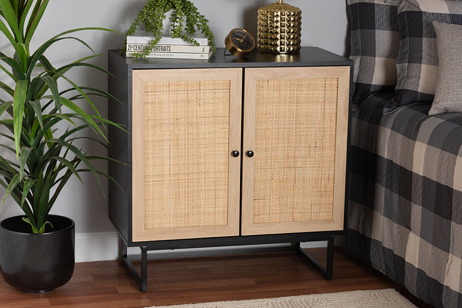 Baxton Studio Declan Mid-Century Modern Espresso Brown Finished Wood and Natural Rattan 2-Door Storage Cabinet