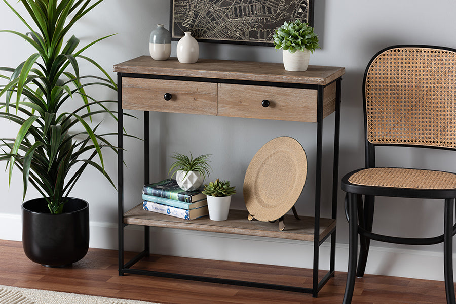 Baxton Studio Silas Modern Industrial Natural Brown Finished Wood and Black Metal 2-Drawer Console Table