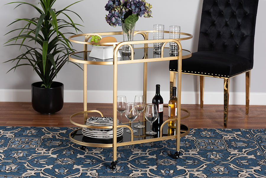 Baxton Studio Leighton Contemporary Glam and Luxe Gold Metal and Tempered Glass 2-Tier Wine Cart