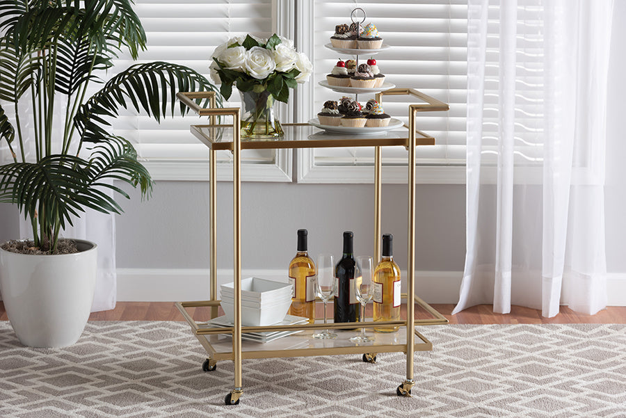 Baxton Studio Louise Contemporary Glam and Luxe Gold Metal and White Marble 2-Tier Wine Cart
