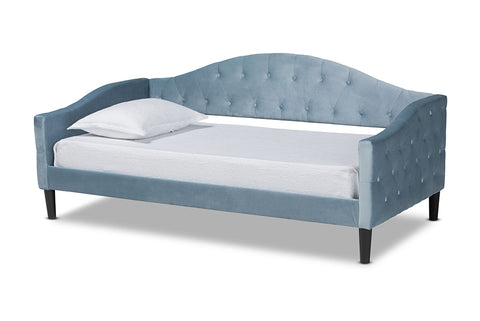 Baxton Studio Benjamin Modern and Contemporary Light Blue Velvet Fabric Upholstered and Dark Brown Finished Wood Twin Size Daybed