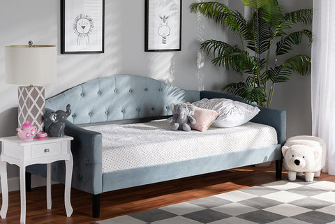 Baxton Studio Benjamin Modern and Contemporary Light Blue Velvet Fabric Upholstered and Dark Brown Finished Wood Twin Size Daybed