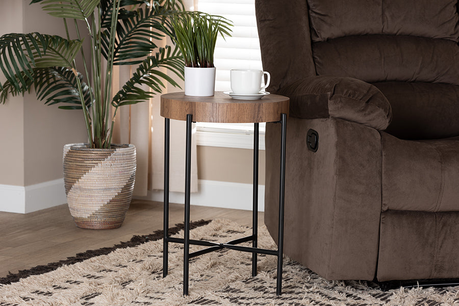 Baxton Studio Savion Modern Industrial Walnut Brown Finished Wood and Black Metal End Table