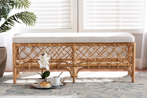 bali & pari Orchard Modern Bohemian White Fabric Upholstered and Natural Brown Rattan Bench