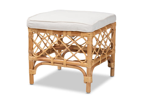 bali & pari Orchard Modern Bohemian White Fabric Upholstered and Natural Brown Rattan Ottoman