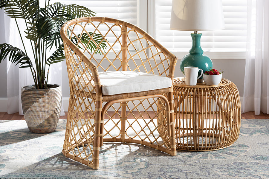bali & pari Orchard Modern Bohemian White Fabric Upholstered and Natural Brown Rattan Dining Chair