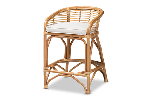 bali & pari Maverick Modern Bohemian White Fabric Upholstered and Natural Brown Rattan Counter Stool