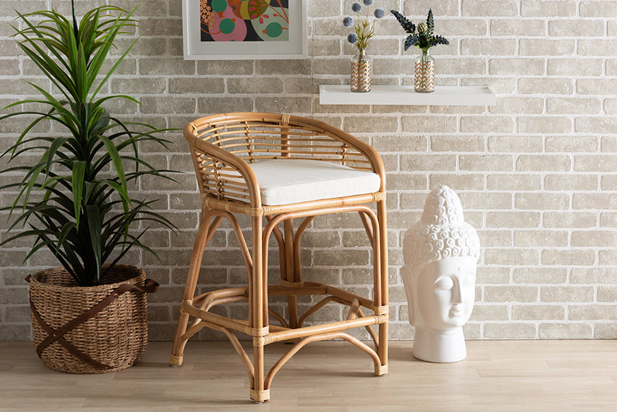 bali & pari Maverick Modern Bohemian White Fabric Upholstered and Natural Brown Rattan Counter Stool