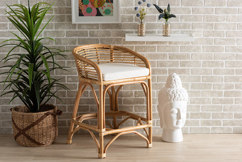 bali & pari Maverick Modern Bohemian White Fabric Upholstered and Natural Brown Rattan Counter Stool