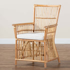 bali & pari Rose Modern Bohemian White Fabric Upholstered and Natural Brown Rattan Armchair