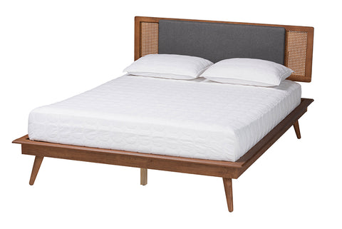 Baxton Studio Delfina Mid-Century Modern Dark Grey Fabric and Walnut Brown Finished Wood King Size Platform Bed