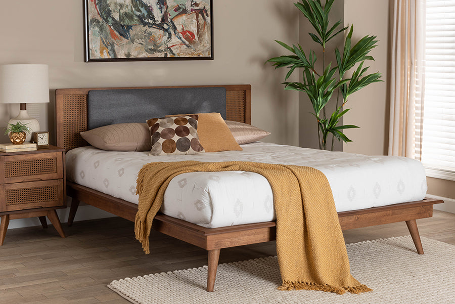 Baxton Studio Delfina Mid-Century Modern Dark Grey Fabric and Walnut Brown Finished Wood Queen Size Platform Bed
