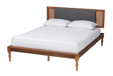 Baxton Studio Eliseo Mid-Century Modern Dark Grey Fabric and Walnut Brown Finished Wood Queen Size Platform Bed