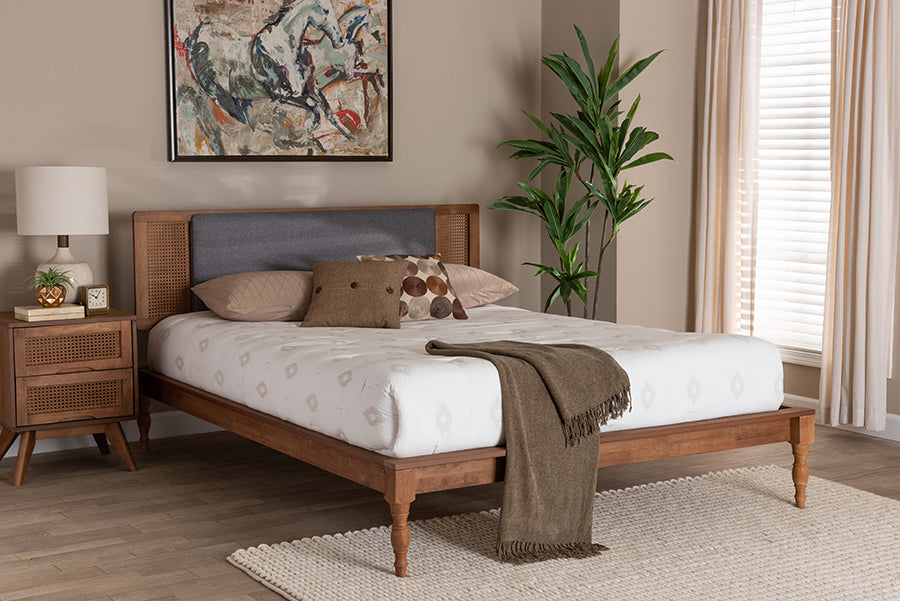 Baxton Studio Eliseo Mid-Century Modern Dark Grey Fabric and Walnut Brown Finished Wood Queen Size Platform Bed