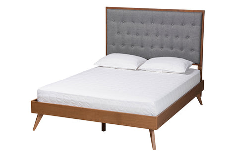 Baxton Studio Dericia Classic and Traditional Grey Fabric and Walnut Brown Finished Wood King Size Platform Bed
