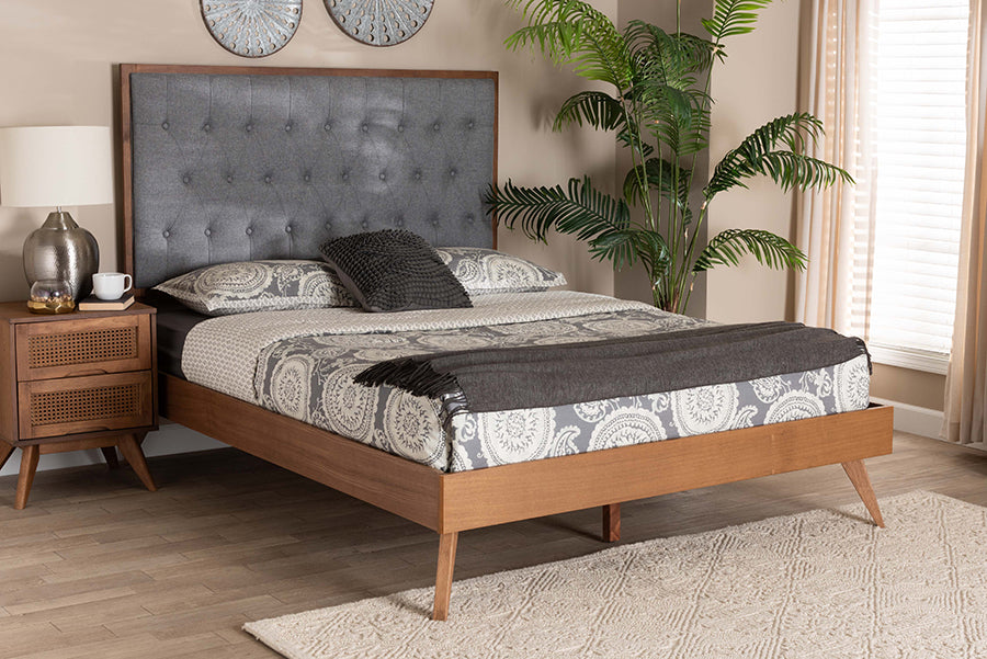 Baxton Studio Dericia Classic and Traditional Grey Fabric and Walnut Brown Finished Wood King Size Platform Bed