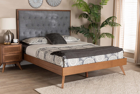 Baxton Studio Dericia Classic and Traditional Grey Fabric and Walnut Brown Finished Wood King Size Platform Bed