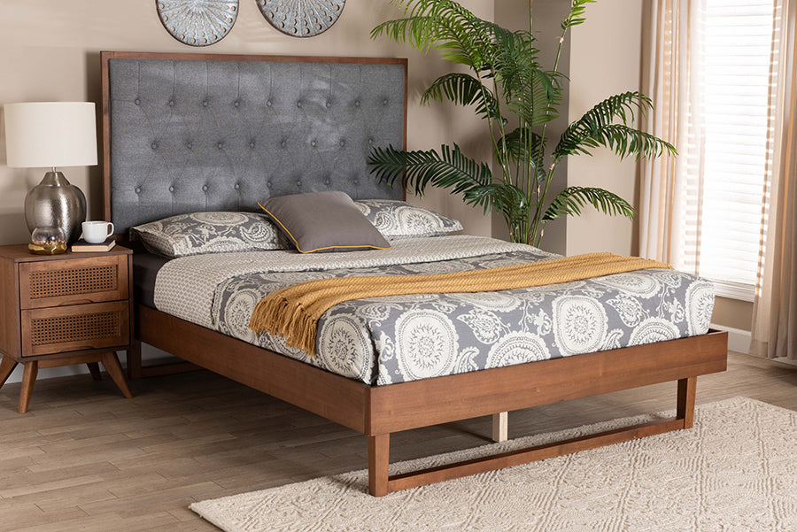 Baxton Studio Bryn Classic and Traditional Grey Fabric and Walnut Brown Finished Wood King Size Platform Bed