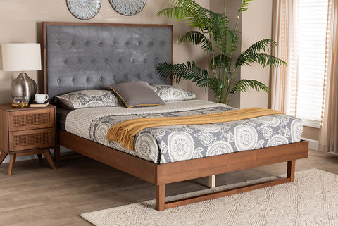 Baxton Studio Bryn Classic and Traditional Grey Fabric and Walnut Brown Finished Wood King Size Platform Bed