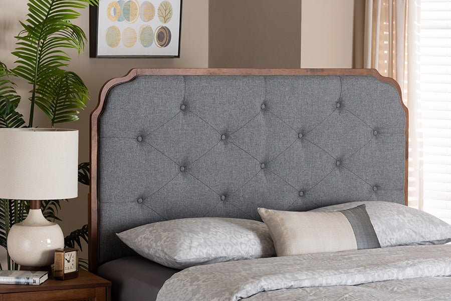 Baxton Studio Shanti Classic and Traditional Grey Fabric and Walnut Brown Finished Wood King Size Headboard