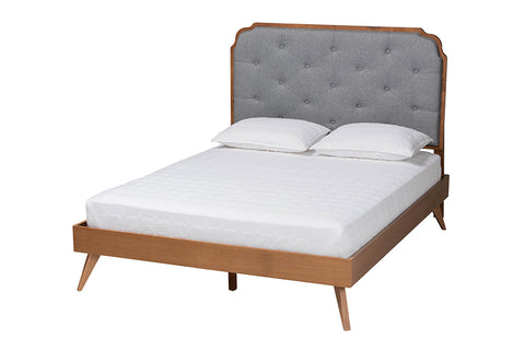 Baxton Studio Lorana Mid-Century Modern Grey Fabric and Walnut Brown Wood King Size Platform Bed