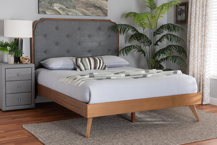 Baxton Studio Lorana Mid-Century Modern Grey Fabric and Walnut Brown Wood King Size Platform Bed