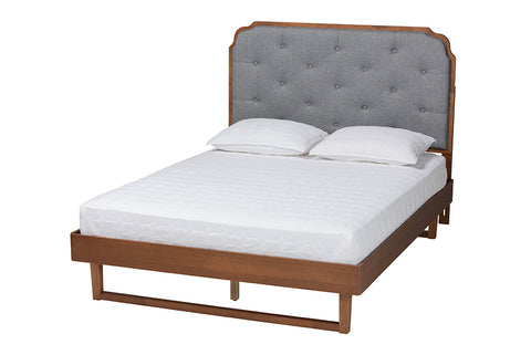 Baxton Studio Roald Mid-Century Modern Grey Fabric and Walnut Brown Wood King Size Platform Bed