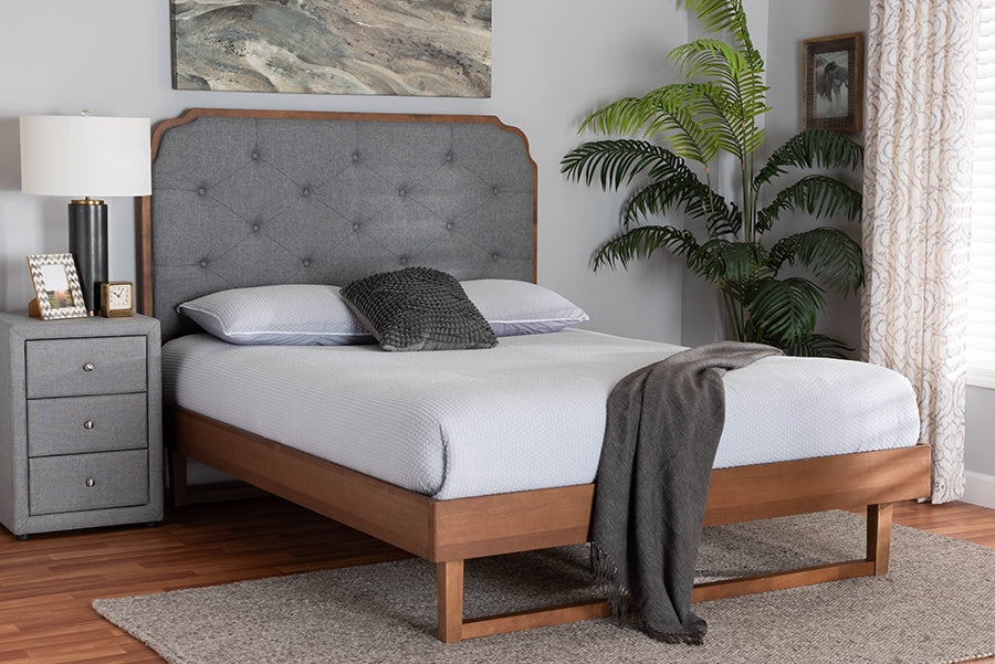 Baxton Studio Roald Mid-Century Modern Grey Fabric and Walnut Brown Wood King Size Platform Bed
