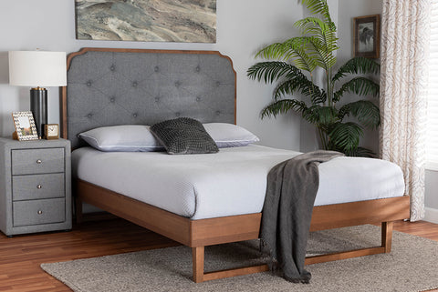 Baxton Studio Roald Mid-Century Modern Grey Fabric and Walnut Brown Wood King Size Platform Bed