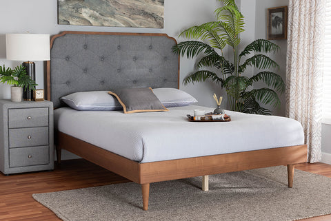 Baxton Studio Garron Mid-Century Modern Grey Fabric and Walnut Brown Wood King Size Platform Bed