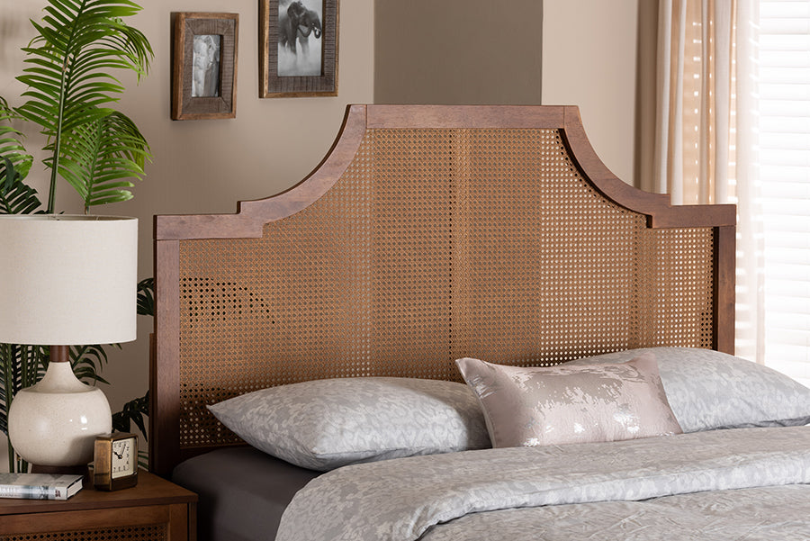 Baxton Studio Risha Mid-Century Modern Ash Walnut Finished Wood and Rattan King Size Headboard