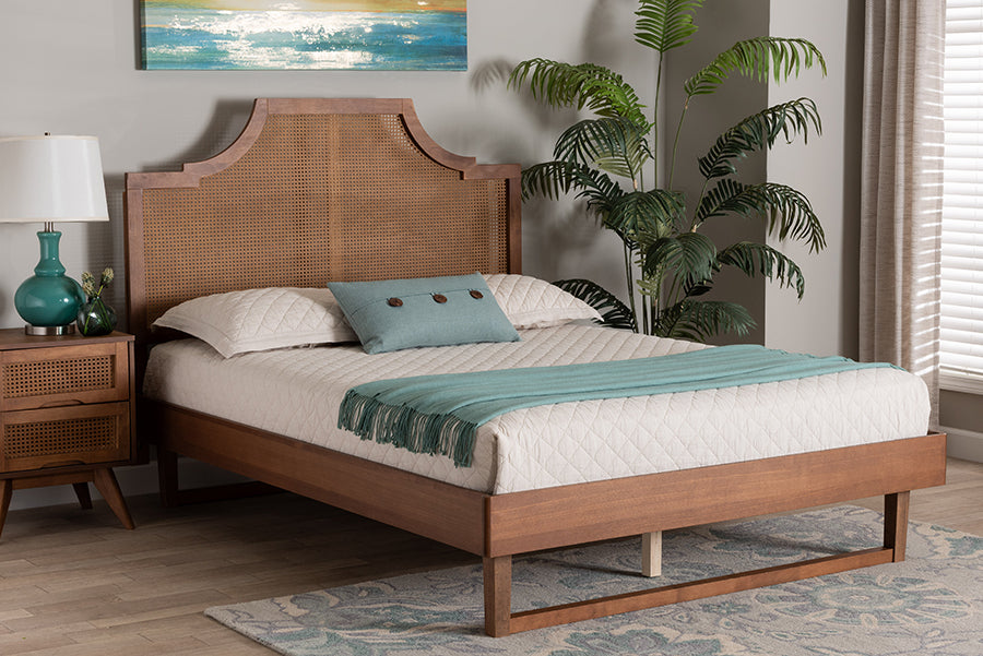 Baxton Studio Francine Mid-Century Modern Ash Walnut Woven Rattan Queen Size Bed