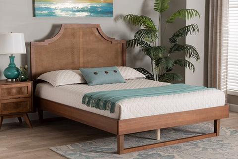 Baxton Studio Francine Mid-Century Modern Ash Walnut Woven Rattan King Size Bed