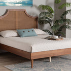 Baxton Studio Macaria Mid-Century Modern Ash Walnut Woven Rattan Queen Size Bed