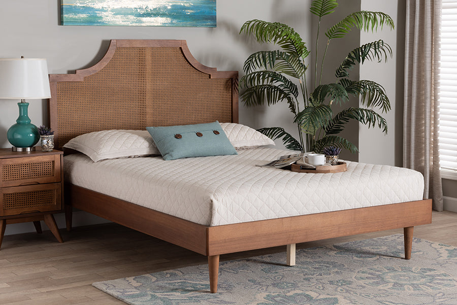 Baxton Studio Macaria Mid-Century Modern Ash Walnut Woven Rattan King Size Bed