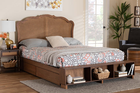 Baxton Studio Latrell Mid-Century Walnut Brown Wood and Rattan Queen Size Storage Bed