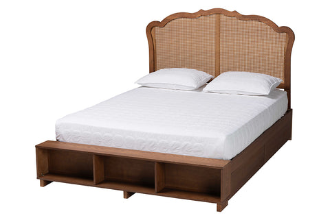 Baxton Studio Latrell Mid-Century Walnut Brown Wood and Rattan King Size Storage Bed