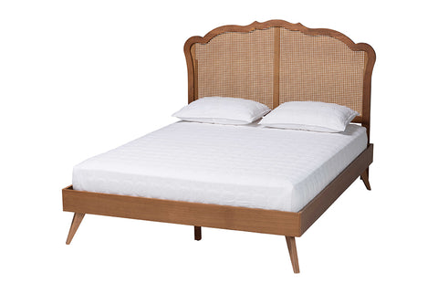 Baxton Studio Aithan Mid-Century Walnut Brown Wood and Rattan Queen Size Platform Bed