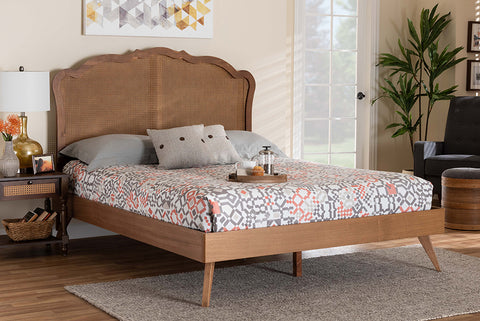 Baxton Studio Aithan Mid-Century Walnut Brown Wood and Rattan Queen Size Platform Bed