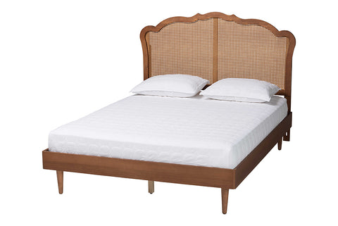 Baxton Studio Camden Mid-Century Walnut Brown Wood and Rattan Queen Size Platform Bed