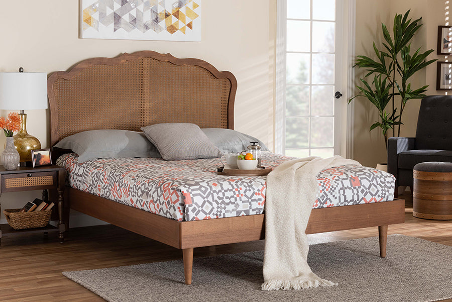 Baxton Studio Camden Mid-Century Walnut Brown Wood and Rattan King Size Platform Bed