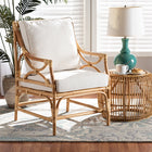 bali & pari Brandon Modern Bohemian White Fabric Upholstered and Natural Brown Rattan Armchair