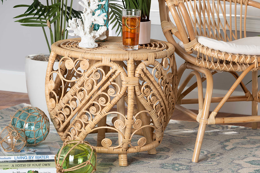bali & pari Saranna Modern Bohemian Natural Brown Finished Rattan End Table