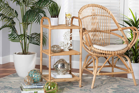bali & pari Barras Modern Bohemian Natural Brown Finished Rattan 3-Tier Display Shelf