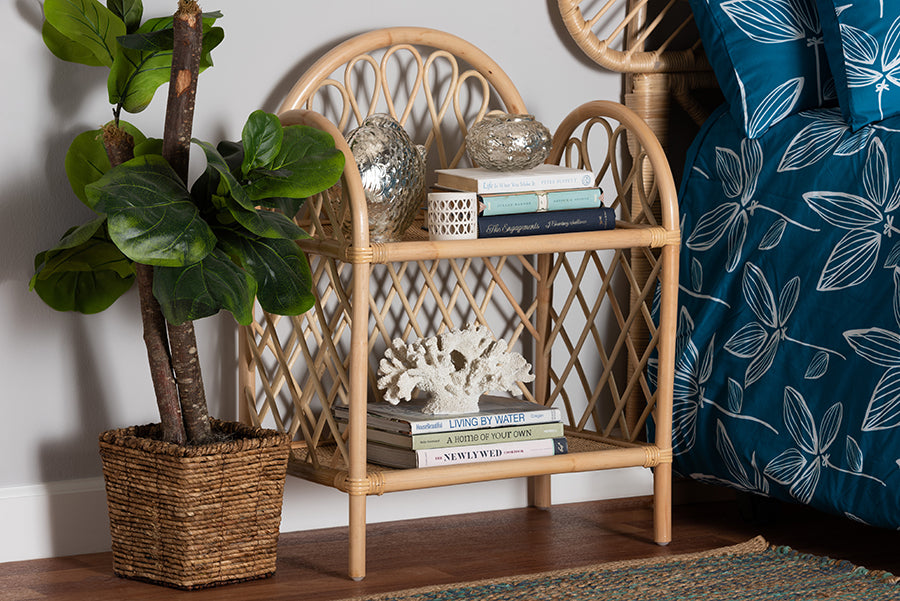 bali & pari Hammond Modern Bohemian Natural Brown Rattan 2-Tier Display Shelf