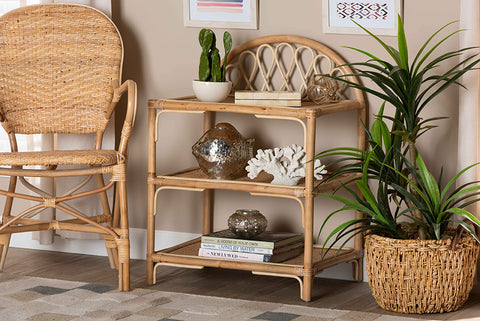 bali & pari Redell Modern Bohemian Natural Brown Rattan 3-Tier Display Shelf