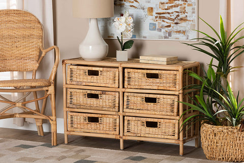 bali & pari Dariana Modern Bohemian Natural Brown Rattan 6-Drawer Storage Cabinet