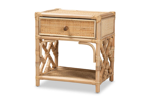 bali & pari Camara Modern Bohemian Natural Brown Rattan 1-Drawer Nightstand